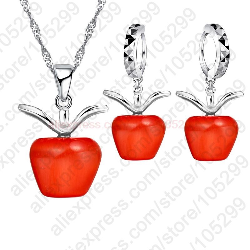 5 farben Optionen Neue Heiße glänzend 925 Sterling Silber Mit SchöNe Apfel Katze Augen Stein Anhänger Halskette/Ohrring Schmuck-einstellen