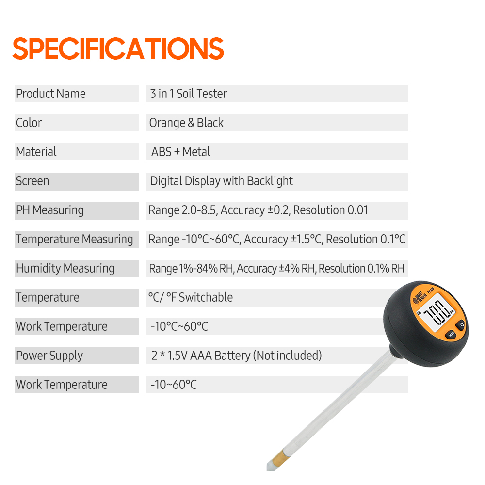 Multifunction Portable Soil PH Test Probe Temp Humidity Meter for Agriculture Seedling Garden Planting Greenhouse Farmland