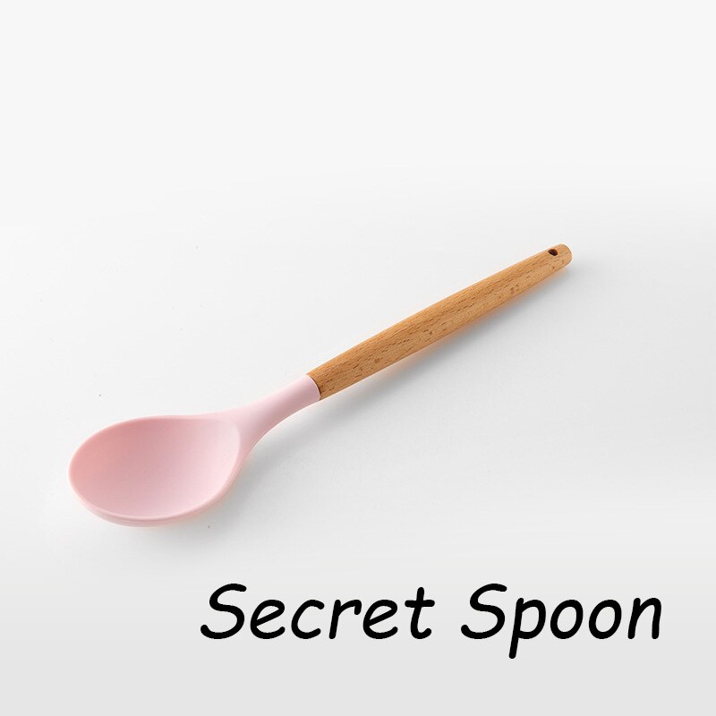 Roze Koken Keukengerei Tool Siliconen Keukengerei Set Met Houten Multifunctionele Handvat Non-stick Spatel Pollepel Ei Kloppers Schop: Secret Spoon