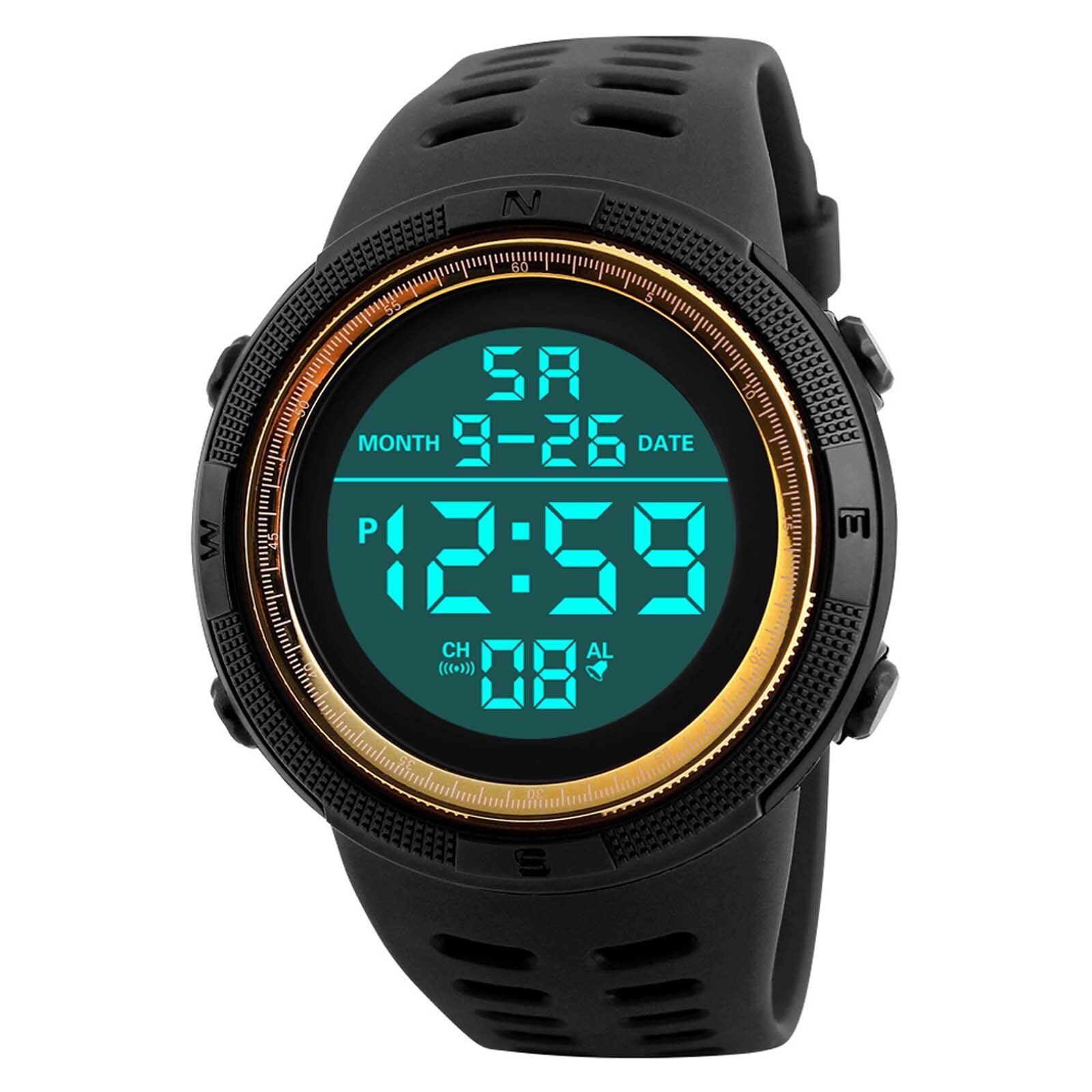 Sports Watches 50M Waterproof LED Digital Watch for Men Resin Dial PU Strap Clock Relogio Masculino Digital Watch: Gold