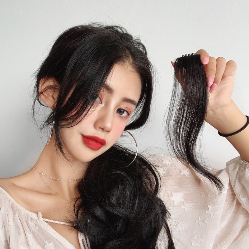Lvhan grampo de cabelo sintético parte do meio franja preto em linha reta cabelo pedaço de fibra de alta temperatura peruca franja clipe na extensão do cabelo