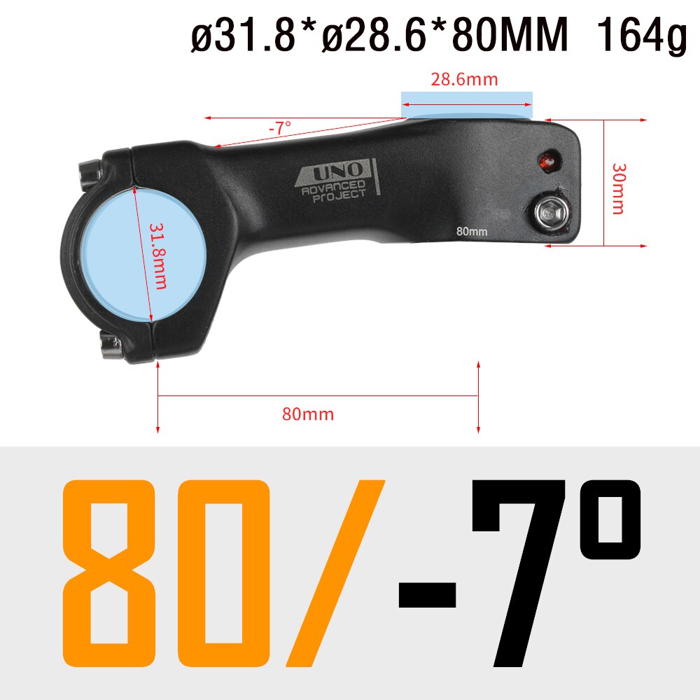 UNO Stem Road Bike -7 Degree Integrated Bicycle Handlebar Stem 31.8 Road Stem 70-120mm Handle Bar Extender Power Bicycle Road: 31.8x80mm