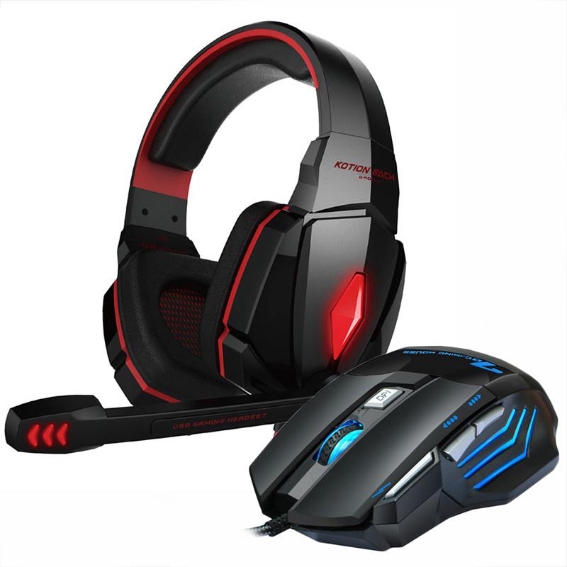 Gaming Headphones Headset wired Stereo with microphone big Earphone +Gaming Mouse 5000 DPI Mice Wired USB for PC Pro Gamer: G4000 red mmr3