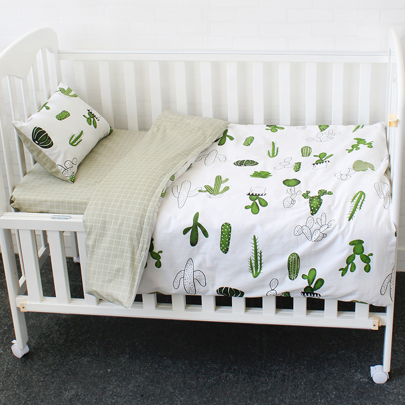 3 stuks Set Baby Beddengoed Set Puur Katoen Flamingo Grey Cloud Patroon Wieg Kit Inclusief Kussensloop Dekbedovertrek Cot Platte vel: Cactus