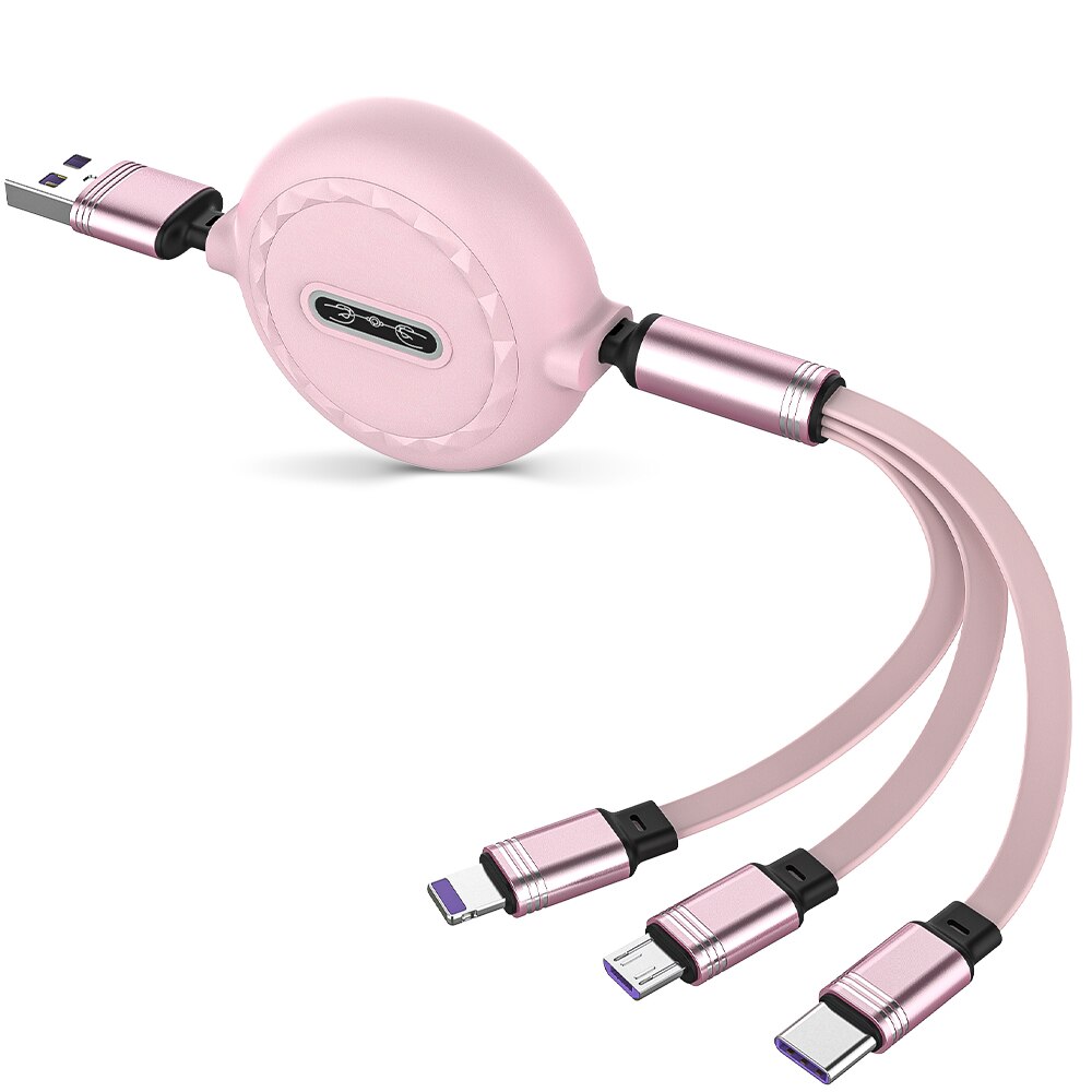 Voor Iphone 13 3in1 8 Pin Micro Usb Type C Kabel Voor Huawei Samsung Usb C Lader Kabel Intrekbare 120cm 3A Opladen Usb C Kabel: Roze