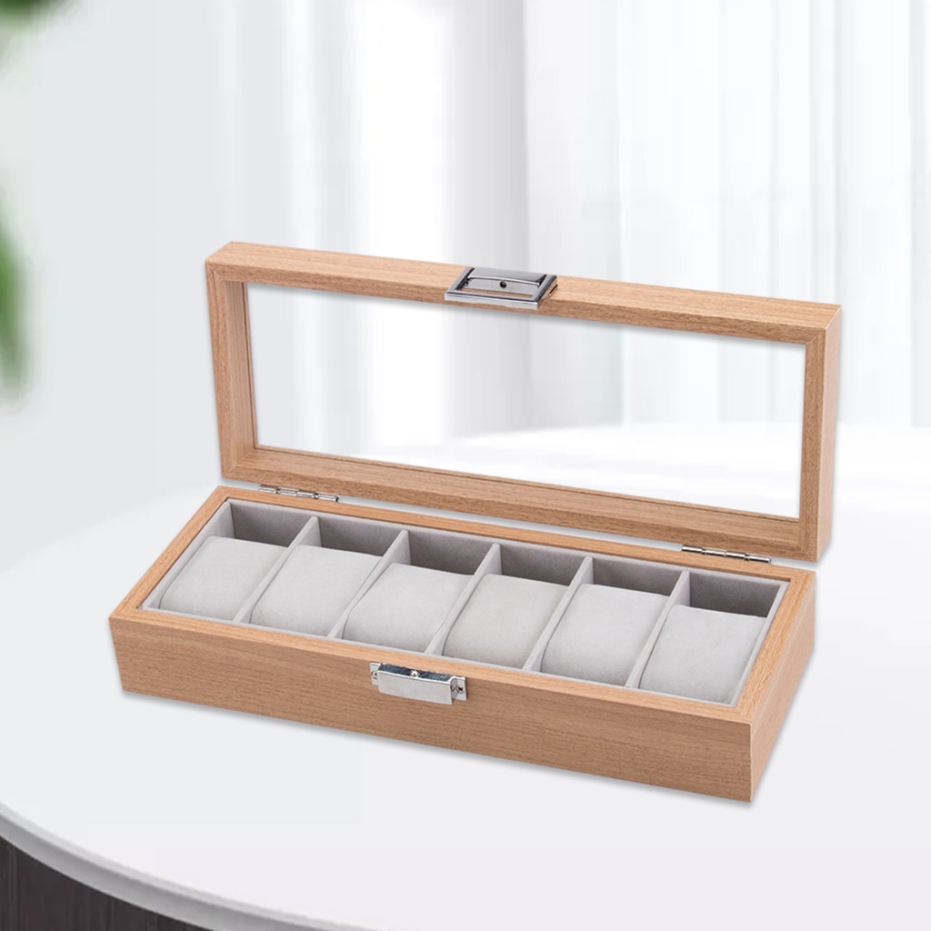 Wood Wrist Watch Display Case Box w/Clear Top Jewelry Storage Organizer, 6 Slot dividers keeps everything neat and organized