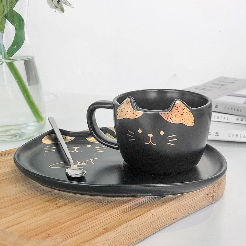 200ML Keramik Kaffee Tasse und Untertasse setzt SchöNe Gold Katze Kekse Kaffee Becher mit Wüsten Platte Büro oder hause: Schwarz