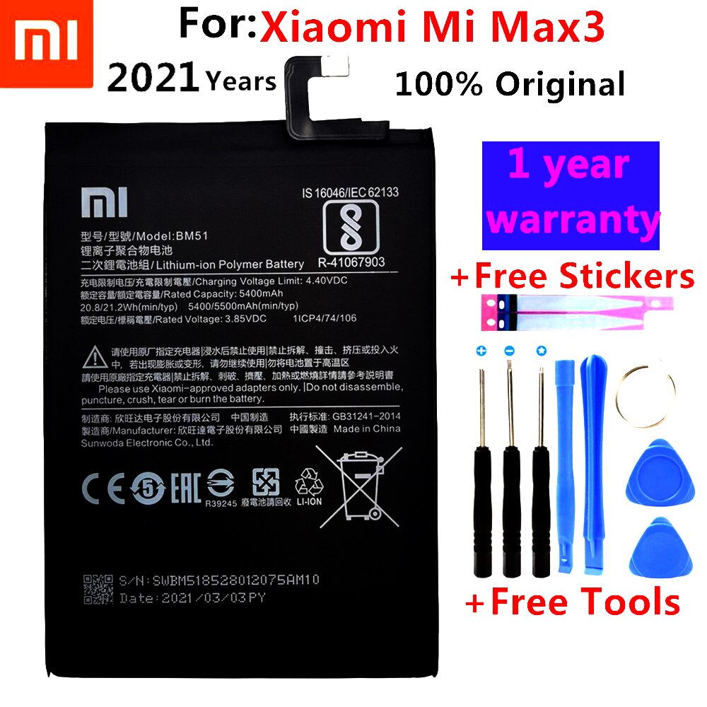 100% Originele Vervangende Batterij Voor Xiaomi Mi Max3 Max 3 BM51 Echt Telefoon Batterij 5500Mah + Gratis Tools + gratis Stickers