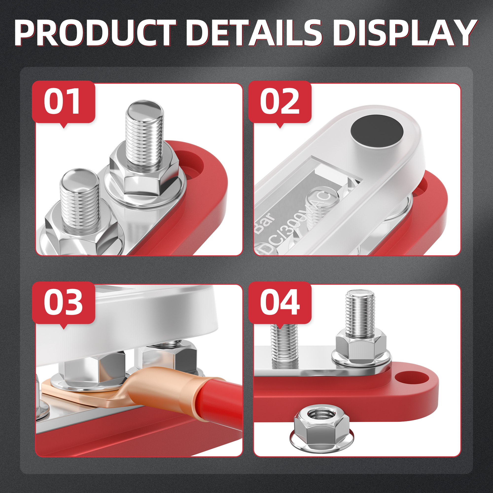 DaierTek Bus Bar 12V Power Distribution Block with Cover 5 x 1/4" Studs Terminal Block Max 150A 48VDC Positive Negative for Auto
