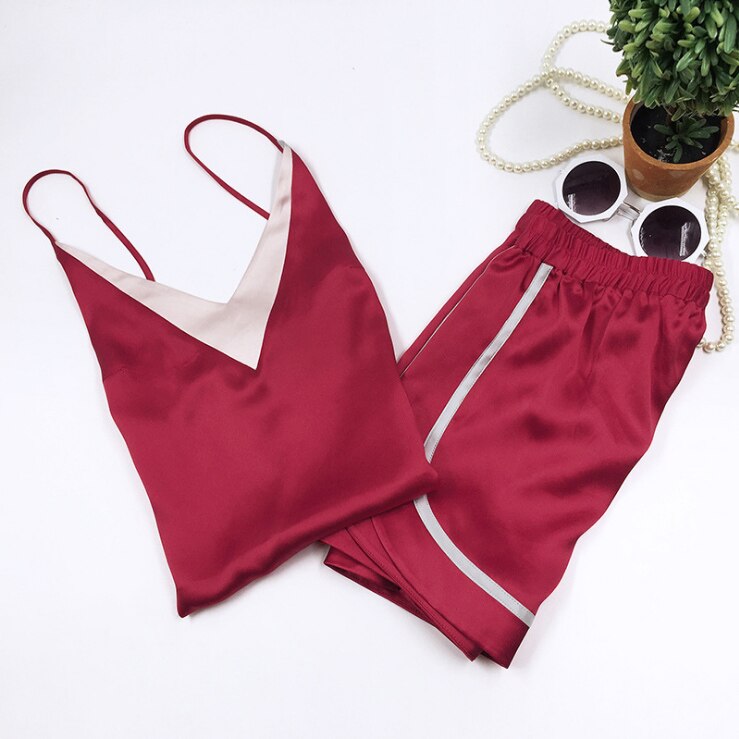 CAVME Satijn Zijden Pyjama Sets voor Vrouwen Spaghetti Band Shorts Zomer Sexy Nachtkleding 2 Stuks Homeclothes: CAVME Red / M