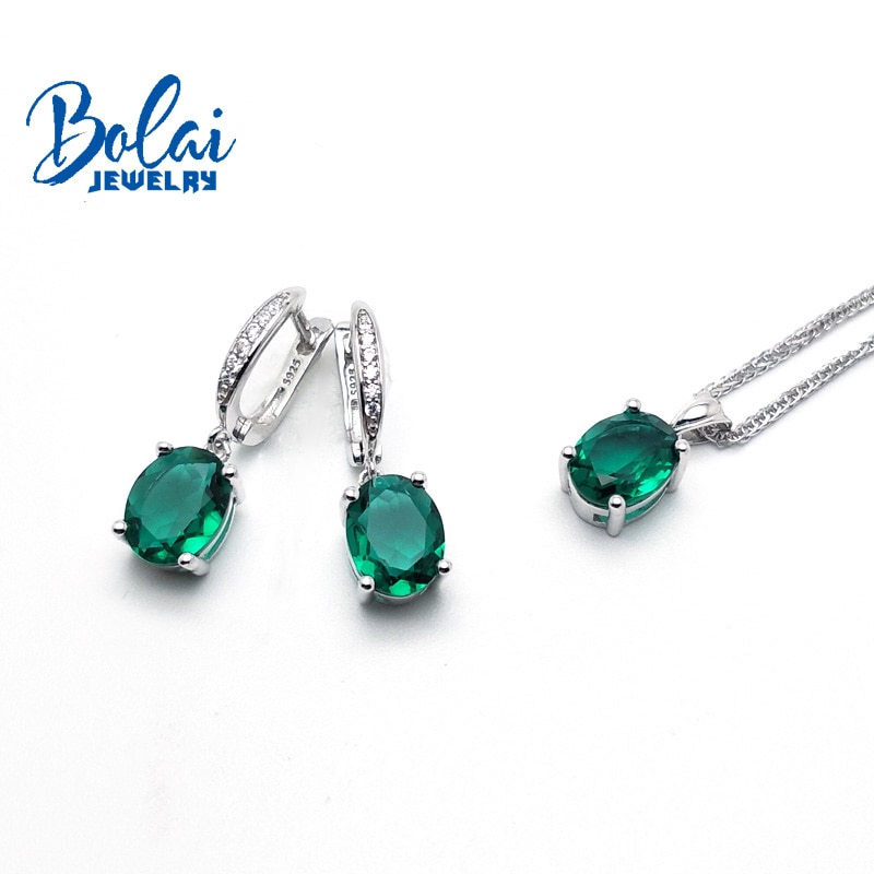 Bolaijewelry, Created green emerald oval 7*9mm earring pendant 925 sterling silver fine jewelry for women best