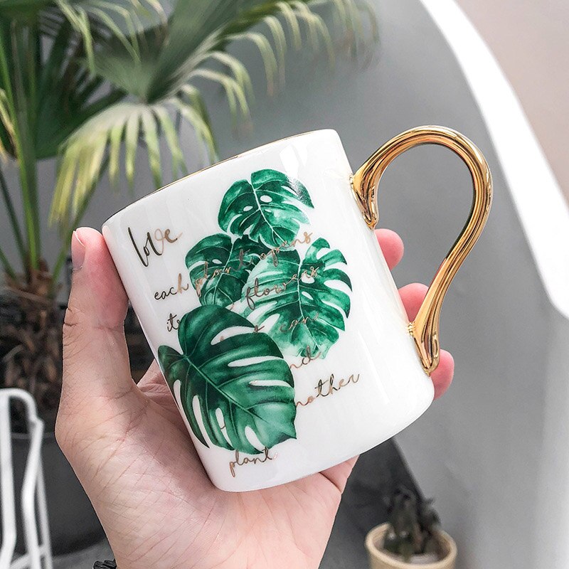 Gullhåndtak keramisk krus, personlighet tropisk plante mønster kaffekopp kontor virksomhet te krus drinkware krus: 03