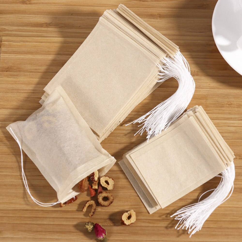 OUNONA 200pcs Drawstring Tea Bag Filter Paper Empty Tea Pouch Bags for Loose Leaf Tea Powder Herbs (White)