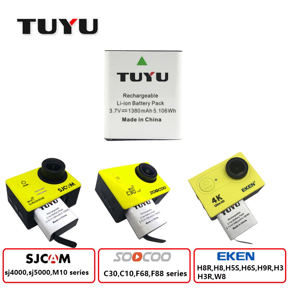 TUYU Sports Camera Accessories 1380mAh Rechargeable Action Camera Battery with USB Dual Battery Charger for Eken H9 H8R H6S H5S