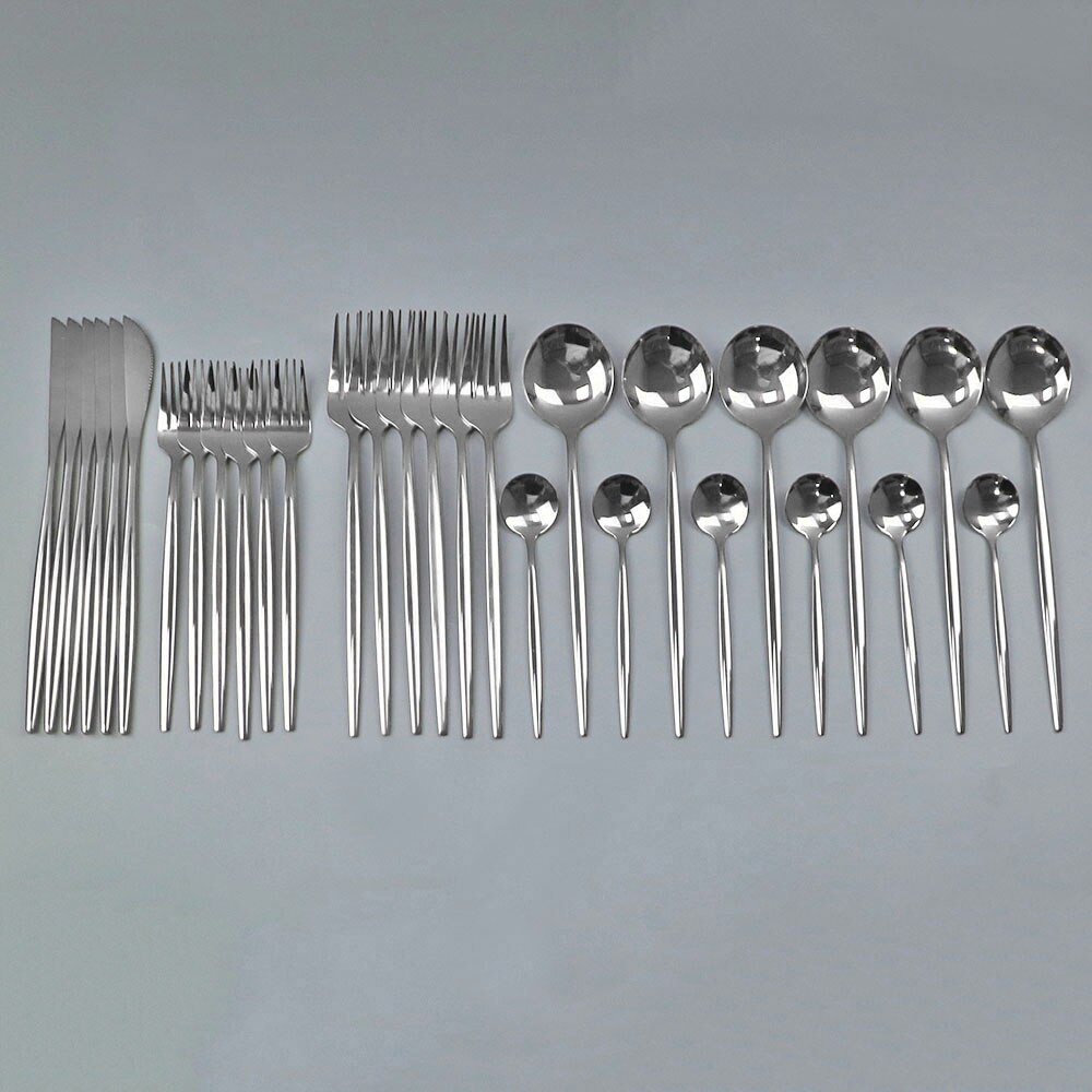 30 st svart guld servis set 18/10 rostfritt stål porslin bestick set enkel middag kniv gaffel sked cutler: Silver-