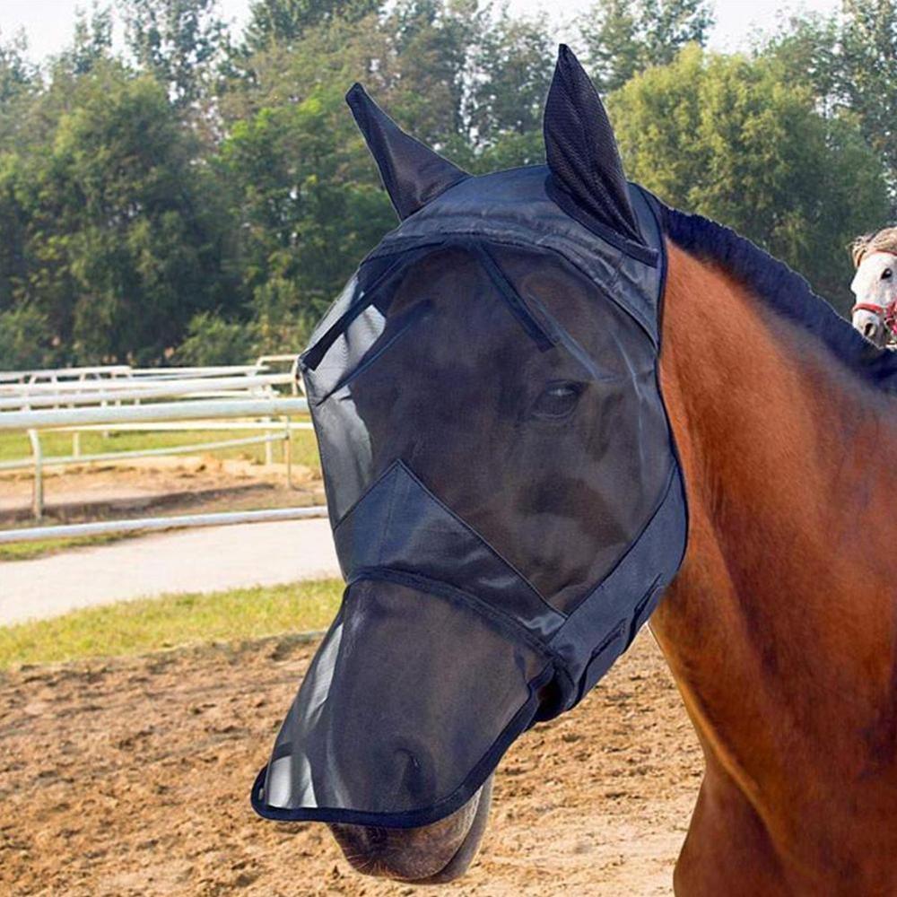 Hästfluga mask sommaröga näsa örat anti mygga bekväm mask anti-mygg hästhuvud häst huva andas huvudbonader h  o9 o 9