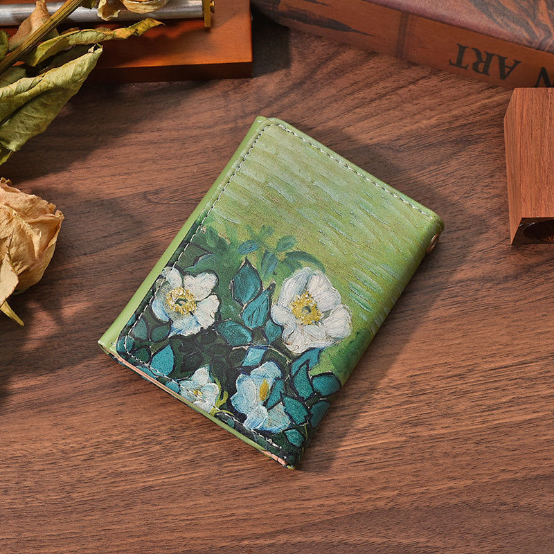 Van Gogh Painting Pattern Wallet Women Folding Leather Short Wallets Niche Bank Credit Card Holder Girl's Purse: green