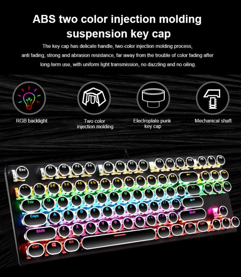 K55 Wired mechanical keyboard Punk 87-key electroplated punk keycaps Gaming Mix Backlit LED lights Mechanical Keyboard for PC