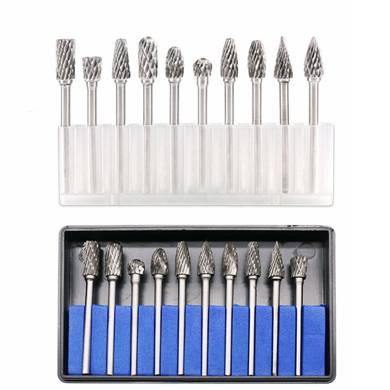 10pcs 1/8" Shank Tungsten Carbide Milling Cutter Rotary Tool Burr Double Diamond Cut Rotary Dremel Tools Electric Grinding 3x6mm