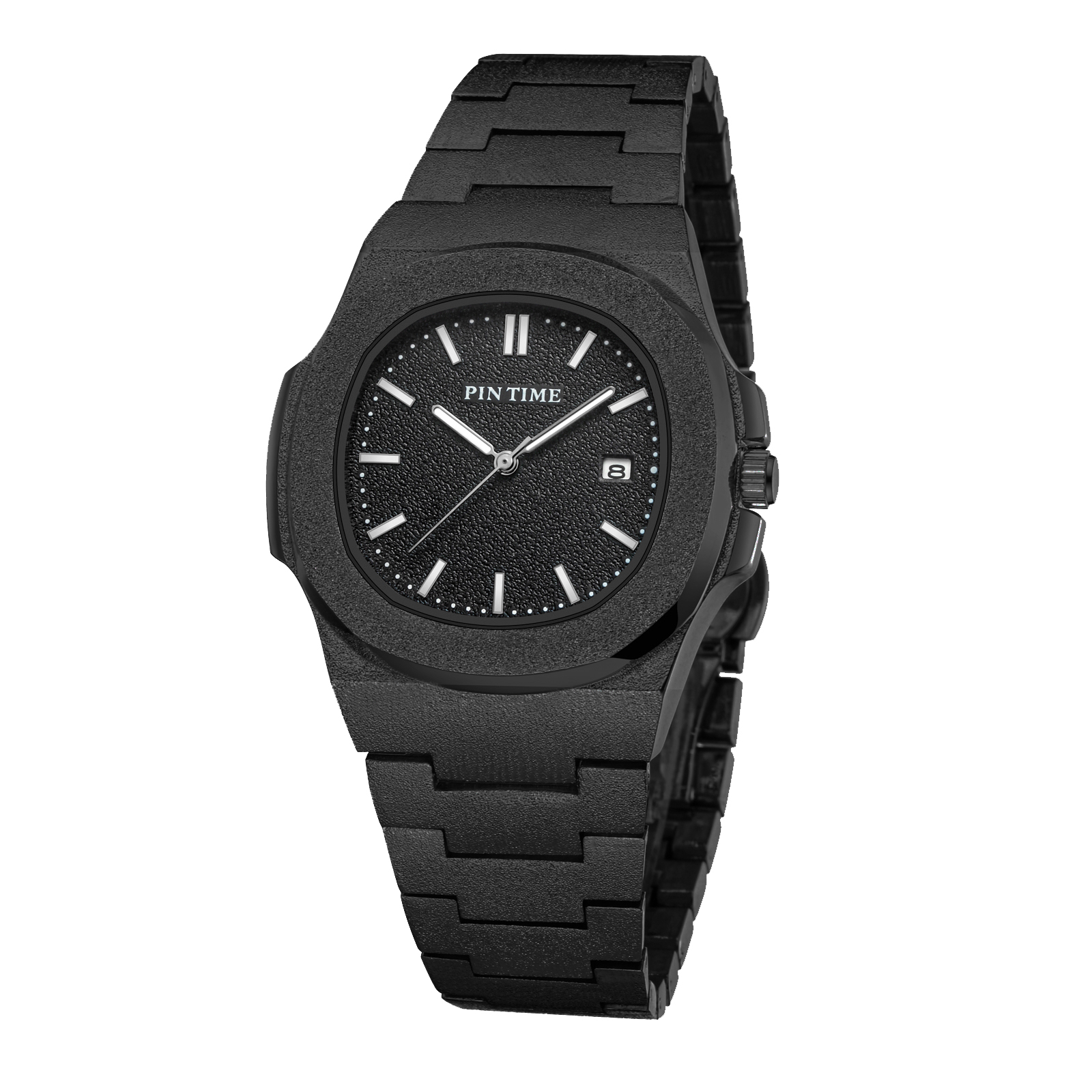 PINTIME Mens Luxury Watch Frosted Stainless Steel Quartz Movement Watches Male Sport Wristwatch