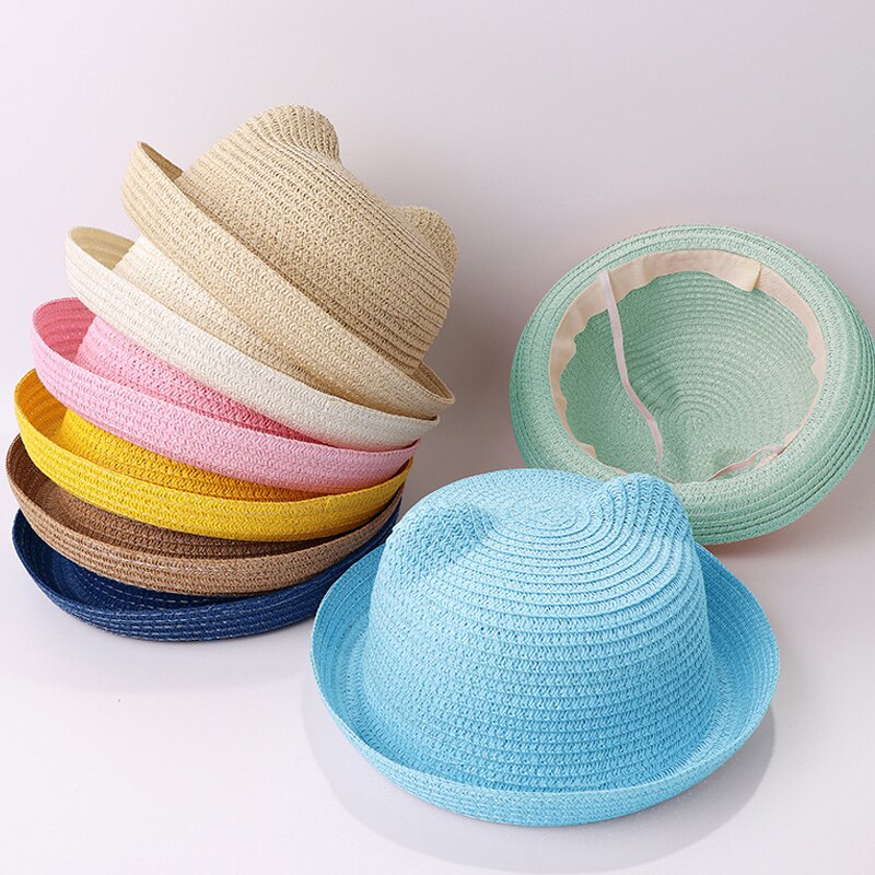 Chapeau de paille mignon avec des oreilles d'été en plein air enfants disquette Panama chapeau enfants filles garçons nuances plage chapeau de soleil