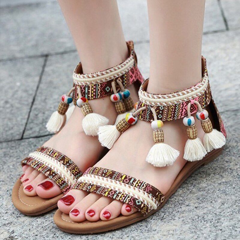 CEYANEAO kobiet czeski Boho sandały etniczne Totem Fringe Tassel ciąg koralik etniczne sandały klinowe HeelCasual płaskie buty Plus rozmiar