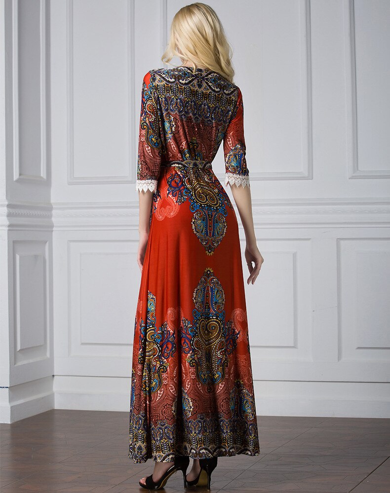 7XL Print Bohemia Dress Women Africa Ethnic Clothing Half Sleeve Beach Vacation Long Dresses Dubai Arab Abaya Kafan Muslim Robe