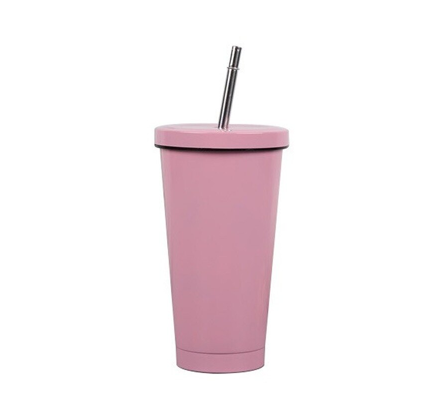 Rustfritt stål kaffekrus 500ml krus med lokk ølkrus til tekopp metallkopp drikke halm drikke halm reisekopper  wj826: Rosa