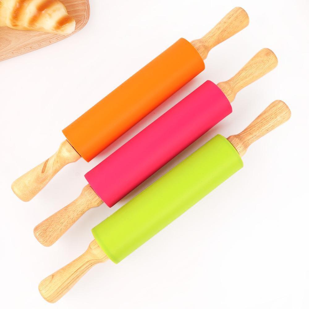 S/M/L Non-Stick Wooden Handle Silicone Rolling Pin Pastry Dough Flour Roller Kitchen Baking Cooking Tools Christmas Rolling Pin