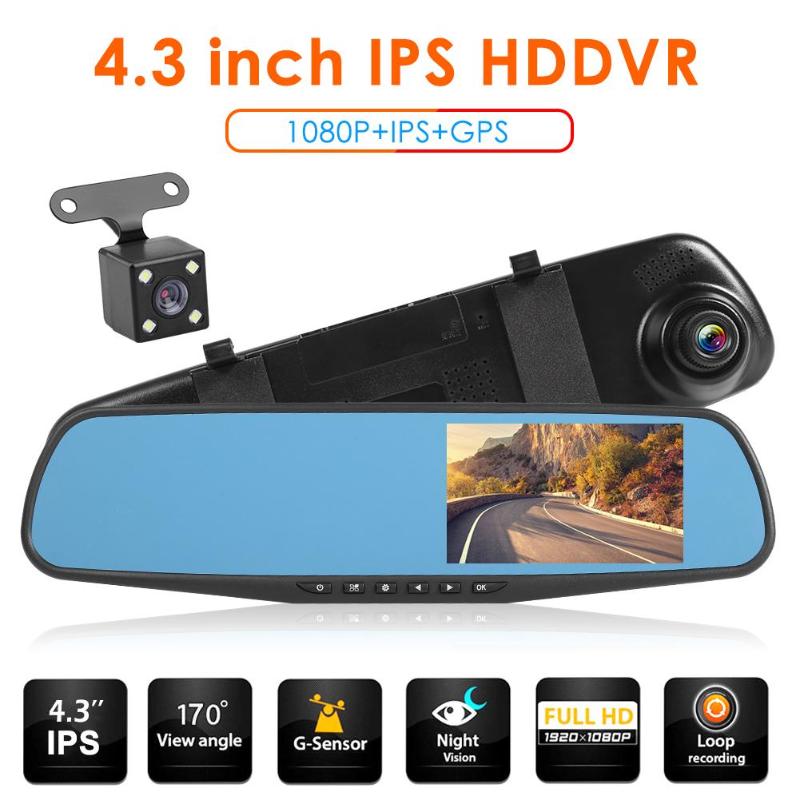 1080P Dash Cam Dvr Auto Camera Recorder Spiegel 4.3 Inch Ips 480X800 Dual Lens Achteruitkijkspiegel Dashboard Camera Dubbele opname