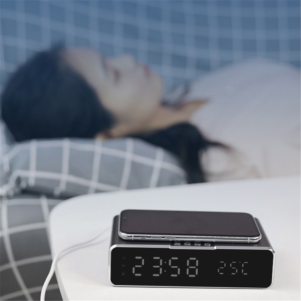 LED Alarm Clock Electric Digital Thermometer Display Desktop Digital Clock 3 Levels Dimmable Screen Wireless Phone Charger Data