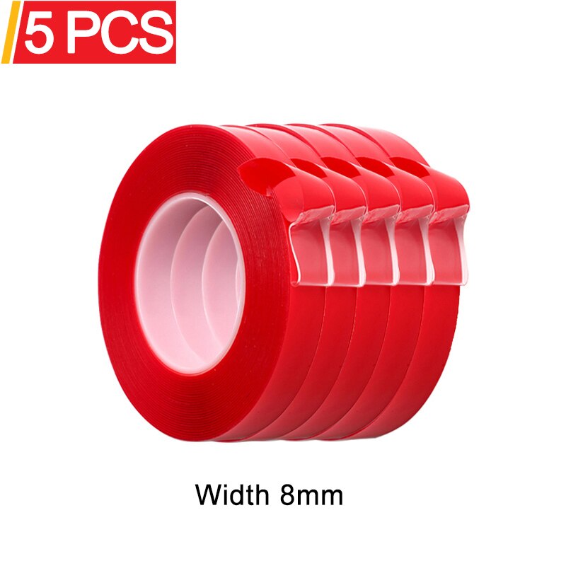Luduo 5 stk 3m rød dobbeltsidet selvklæbende tape bil klistermærker akryl gennemsigtig ingen spor interiør super fast 8/10/15/20mm: Bredde 8mm