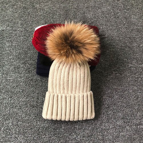 Vinter efterår piger drenge pels pom pom huer hatte bomuld hue hue til baby dejlige strikhuer med pels pompon hatte børn: Khaki / Til børnestørrelse 46-53