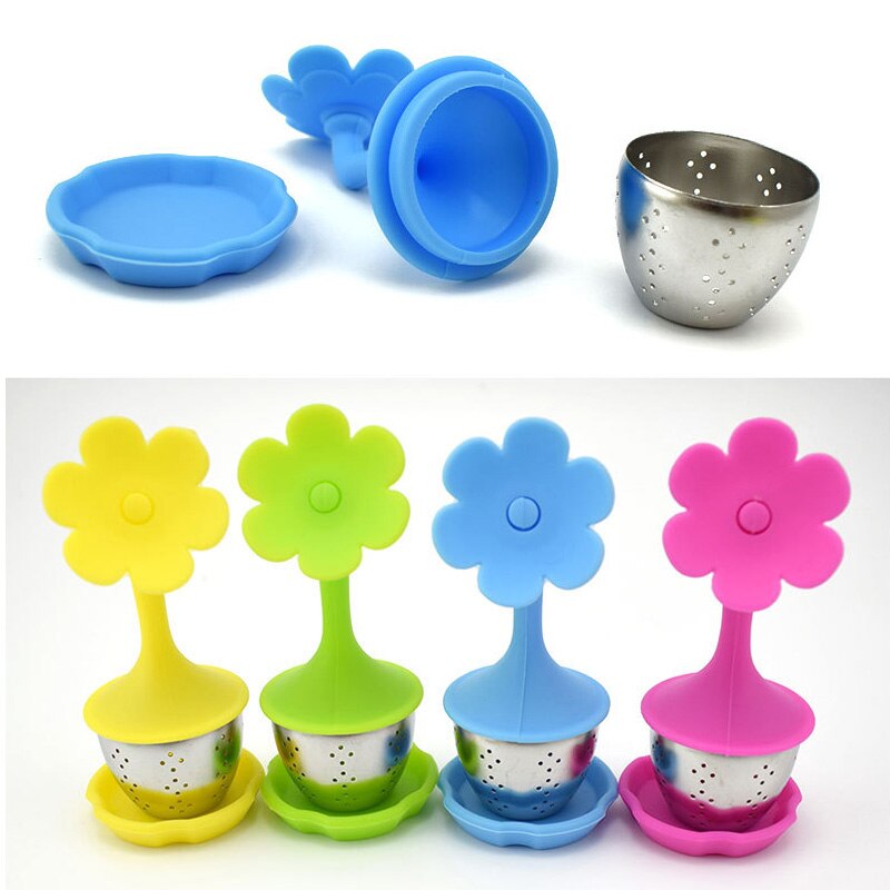 4 Kleur Zonnebloem Blad Thee-ei Siliconen Herbruikbare Zeef Met Tray Koffie Sets