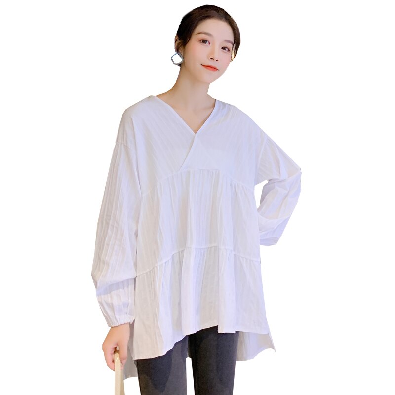 Chemises de maternité amples à manches longues, col en v, grandes tailles, chemisiers en coton irrégulier, femmes enceintes, vêtements décontractés, , automne