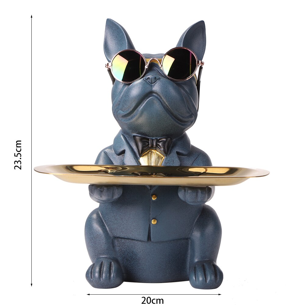 Nórdico francês bulldog escultura estátua do cão estátua de armazenamento jóias mesa decoração presente cinto placa óculos bandeja casa arte estátuas: Azul