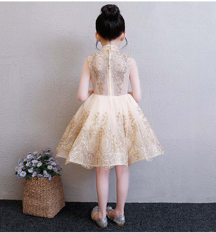 Golden Tulle Flower Girl Dress Party Kids Pageant Gown Princess Wedding Dress Sleeveless First Communion Dresses 1-14T