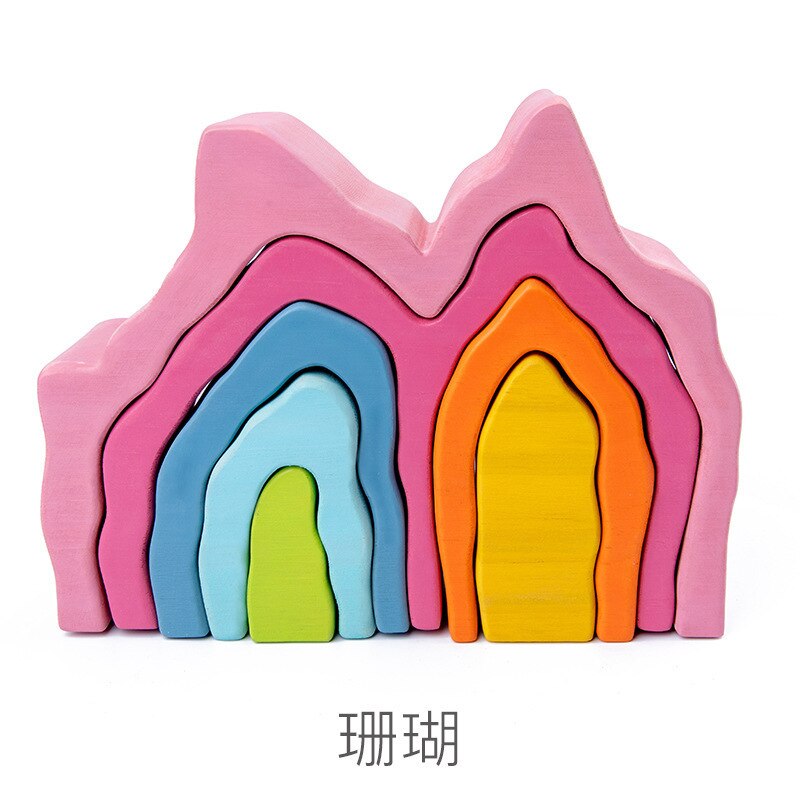 12Pcs Wood Building Blocks Wooden Rainbow Wood Stack Toy for Children Montessori Educational Toy Baby Toys Kids Large: coral