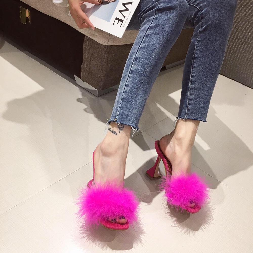 Sandales d'été en plume pour femmes, Mules à bout carré, cristal, talons hauts, Mules à bout ouvert, pantoufles fourrées, chaussures: Rose rouge / 41