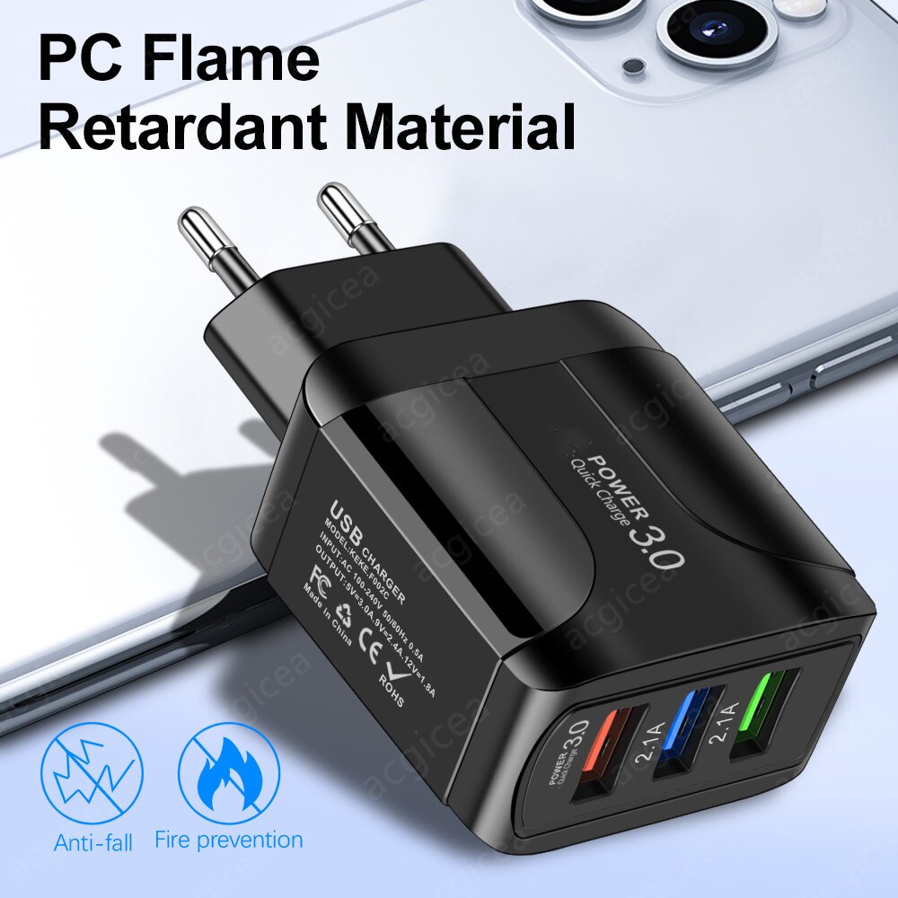 3A Quick Charge 3.0 USB Charger EU Wall Mobile Phone Charger Adapter for iPhone X MAX 7 8 QC3.0 Fast Charging for Samsung Xiaomi