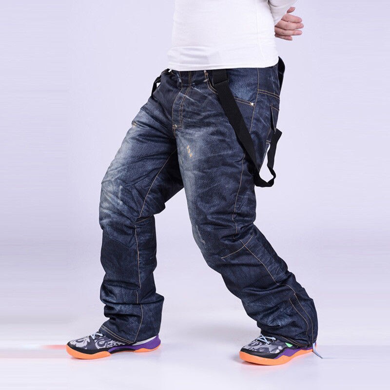 Men Denim Winter Full Protection Waterproof Windbreak Fleece Zipper Pants Overralls Snowboard Trousers Travel 8J0027