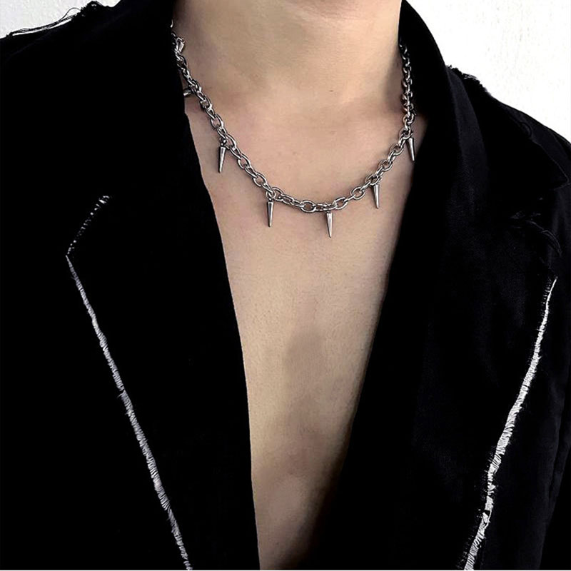 Gargantilla con remaches de cadenas de acero inoxidable para hombre, joyería de cuello Punk de hip hop, cadena de cuello corto con colgante, accesorios góticos