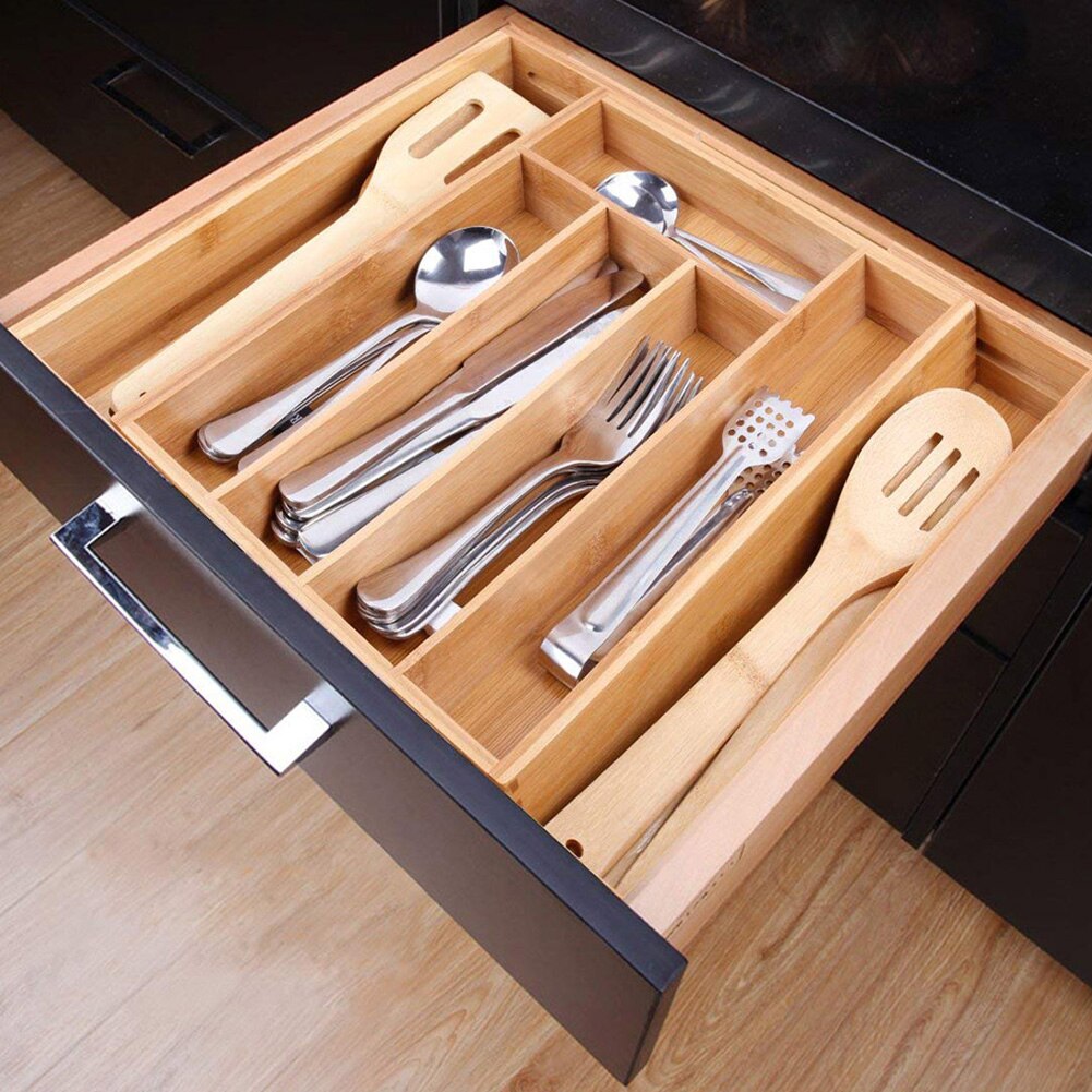 7-Grid Kitchen Cutlery Storage Box Expandable Cutlery Cutlery Tray Bamboo Drawer Organizer