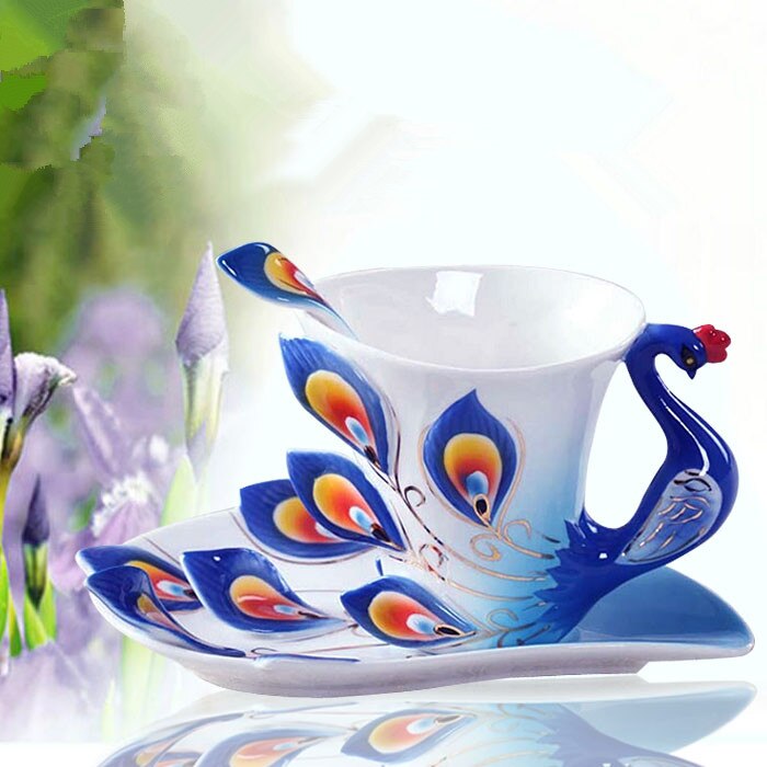 3d påfugle emalje kaffe krus kop sæt keramisk te mælk drinkware kina ben ven: Blå