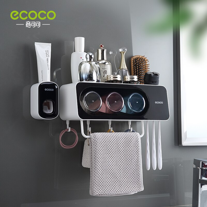 ECOCO Multifunctional Toothbrush Holder Towel Bar Free Punching Automatic Toothpaste Dispenser Squeezer Bathroom oom Accessories: 3 Cup Black Squeezer