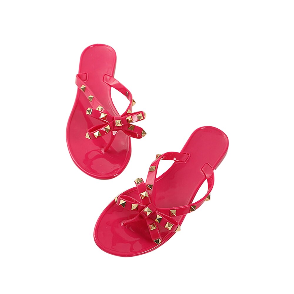 Kvinner sandaler flat jelly sko sløyfe v flip flops stud strandsko sommer nagler tøfler thong sandaler naken: Rosenrød / 41