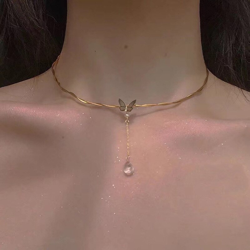 Gold Color Kpop Butterfly Choker Necklaces Women Waterdrop Pendant Necklaces Korean Jewelry: butterfly waterdrop