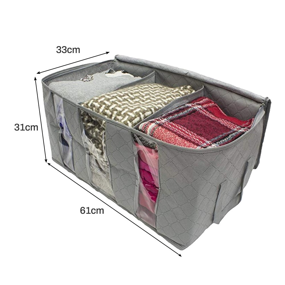3pcs Non-Woven Fabric Clothing Storage Bag Folding Storage Box Clear Window Zipper Case Clothes Organizer Handles 49x36x21cm: grey 61x33x31cm