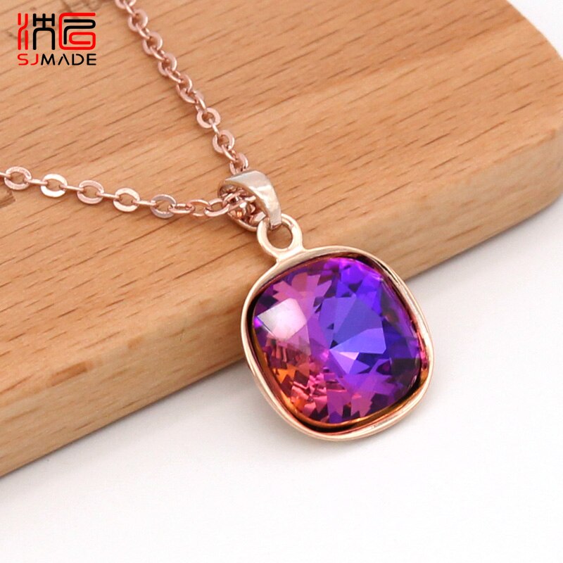 SJMADE Trendy Classic Square Crystal Pendant necklace 585 Rose Gold White Gold For Women Girls Wedding Party Jewelry: RGPB