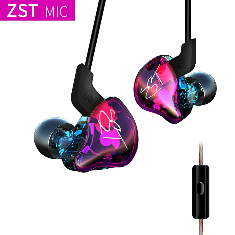 Original KZ ZST Colorful BA+DD In Ear Earphone Hybrid Headset HIFI Bass Noise Cancelling Earbuds With Mic Replaced BT Cable: Purple with mic